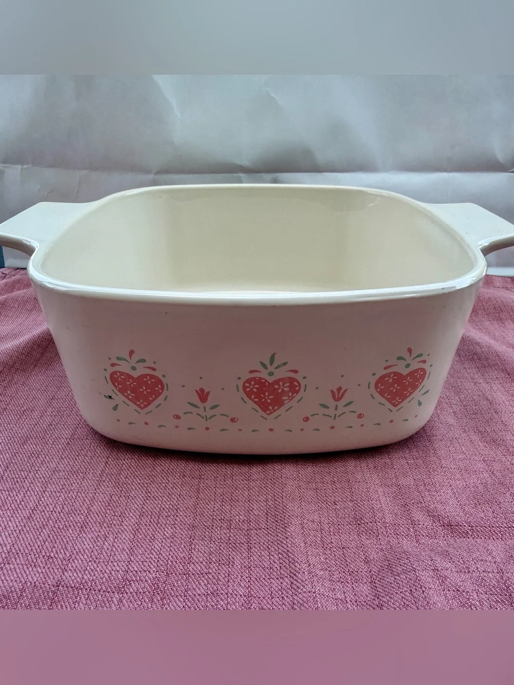 Corningware White Ceramic Casserole Dish with Pink Heart Motif